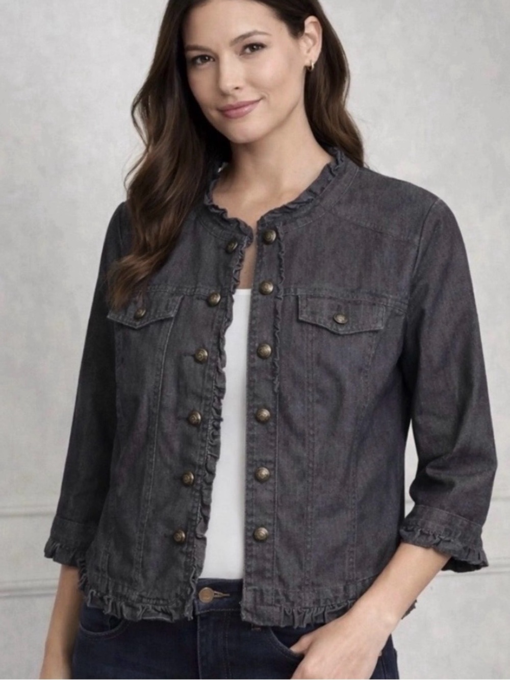 Sandro Charcoal Ruffle-Trim Denim Jacket | PM